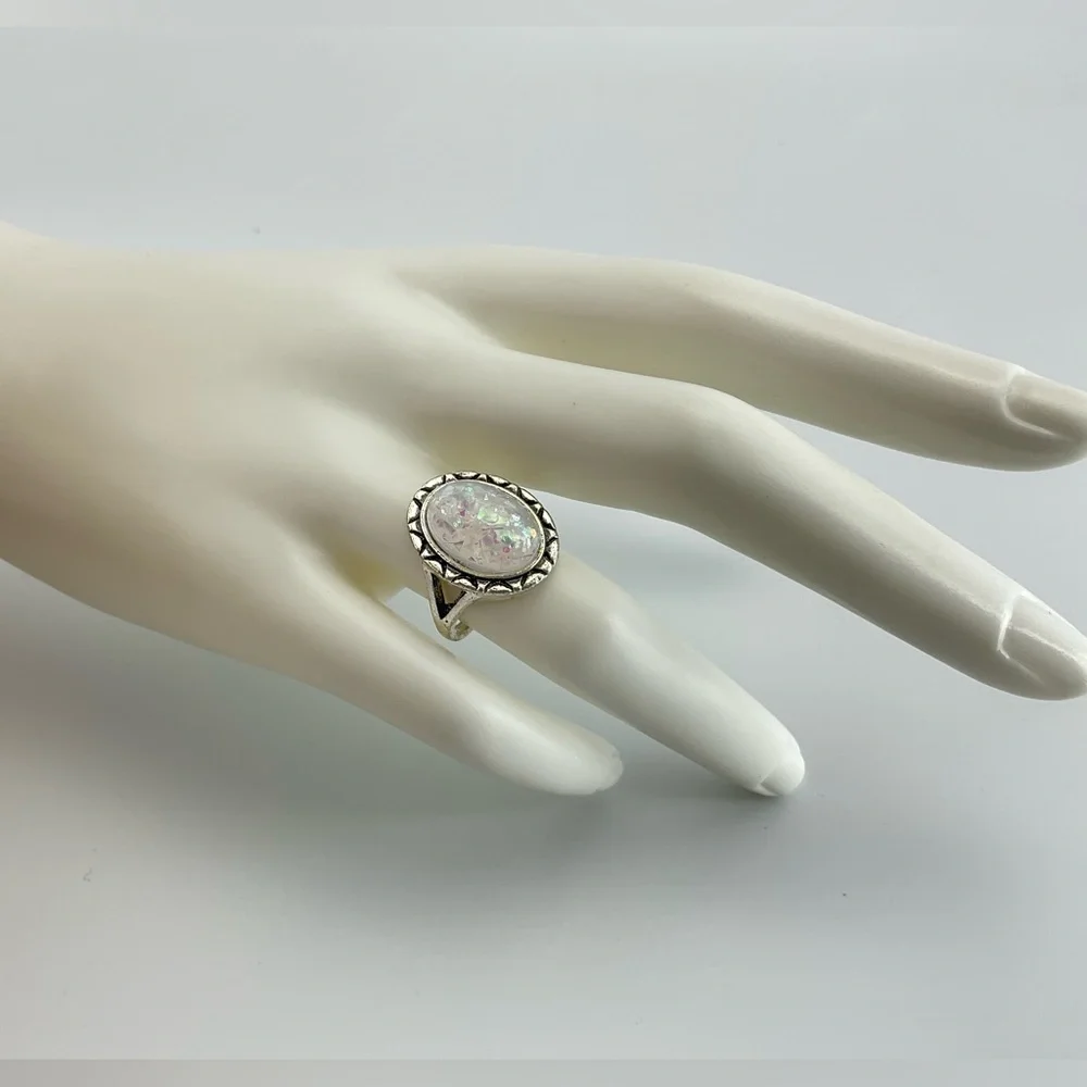 Faux Opal Ring, Size 6.25, Confetti Resin Opal, Lab Created, BoHo, Antiqued